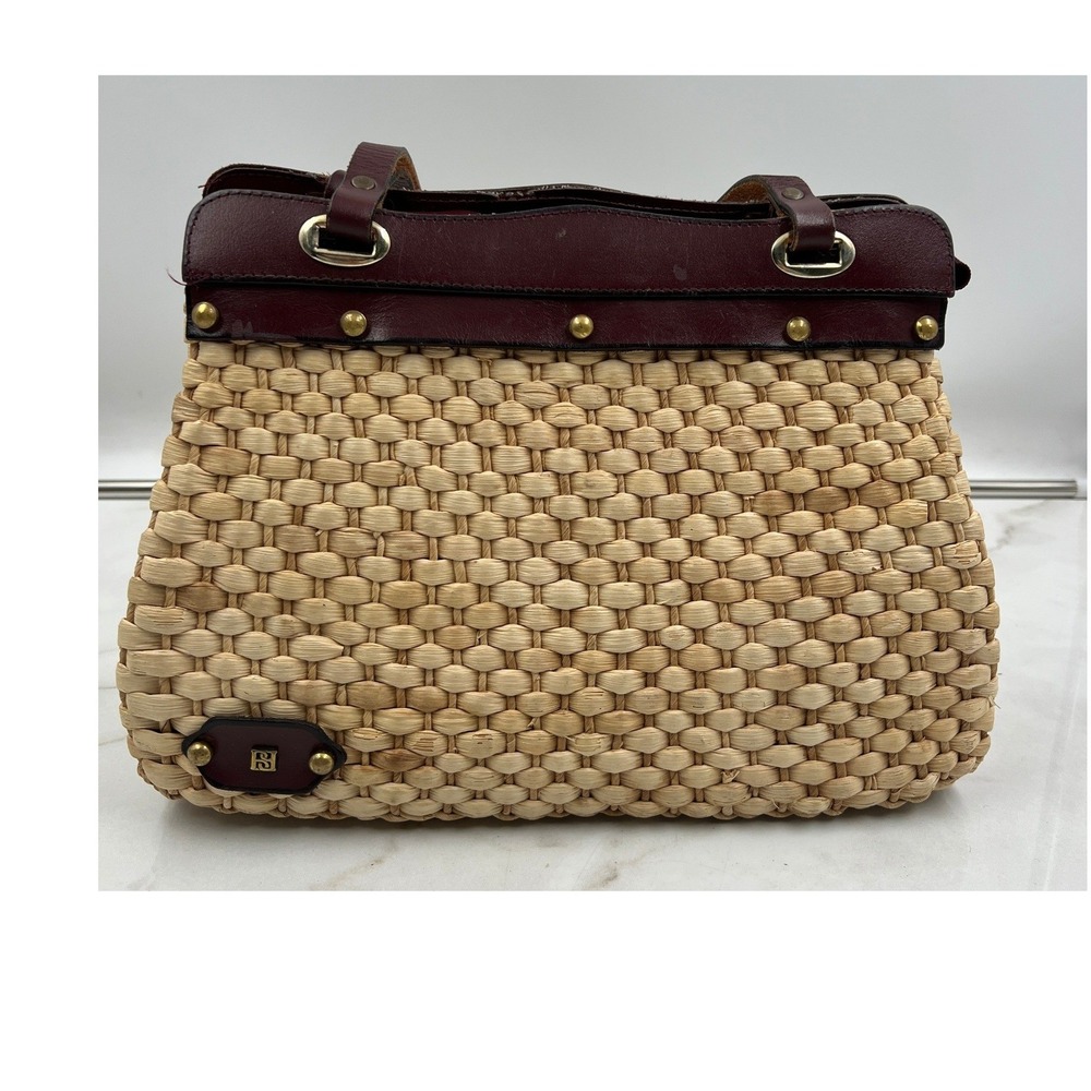 Vintage RS Woven Straw Satchel Burgundy Leather Trim Brass Hardware Handbag